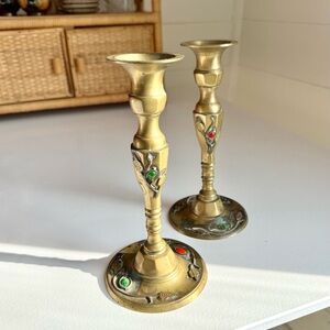Pair Brass Candlesticks Pair Candle Holders Boho Unique Jeweled Distressed